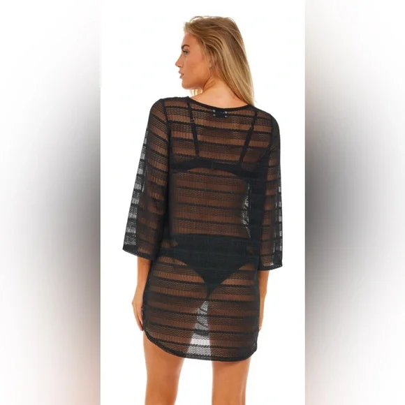 Jordan Taylor Black Mesh Chevron V-neck Swim Beach Coverup Bell sleeves - Picture 2 of 13